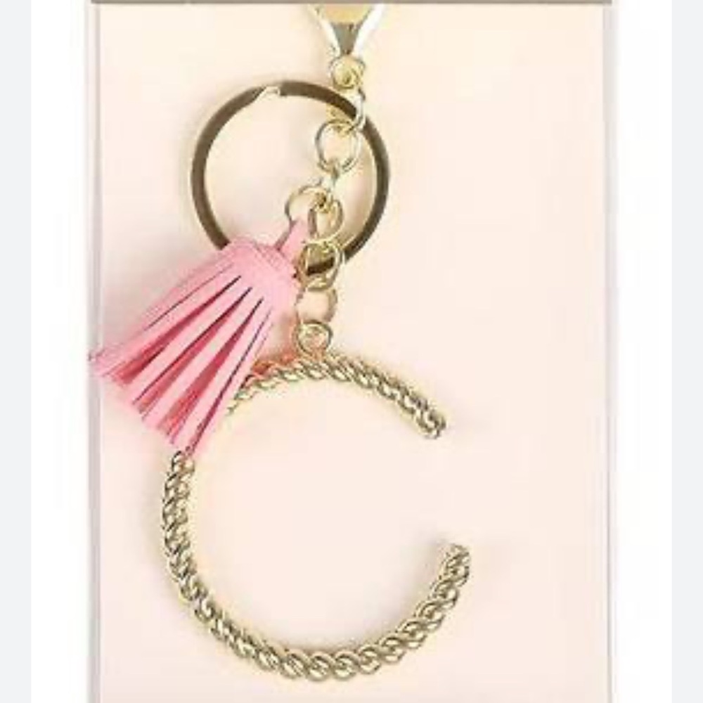 NEW Modern Expressions Initial Gold and Pink leather Tassel Keychain LETTER C